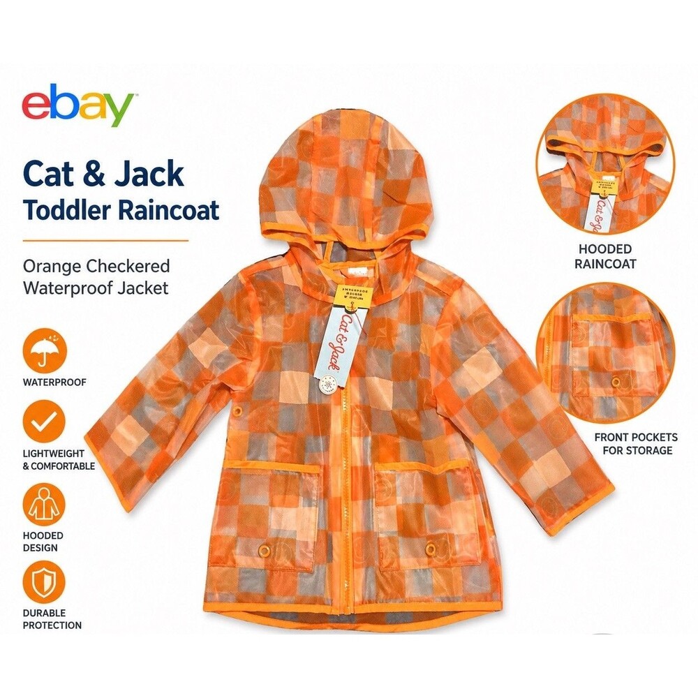 Cat & Jack Toddler Rain Jacket 12M Smiley Face Orange Checkered Hooded WindWater